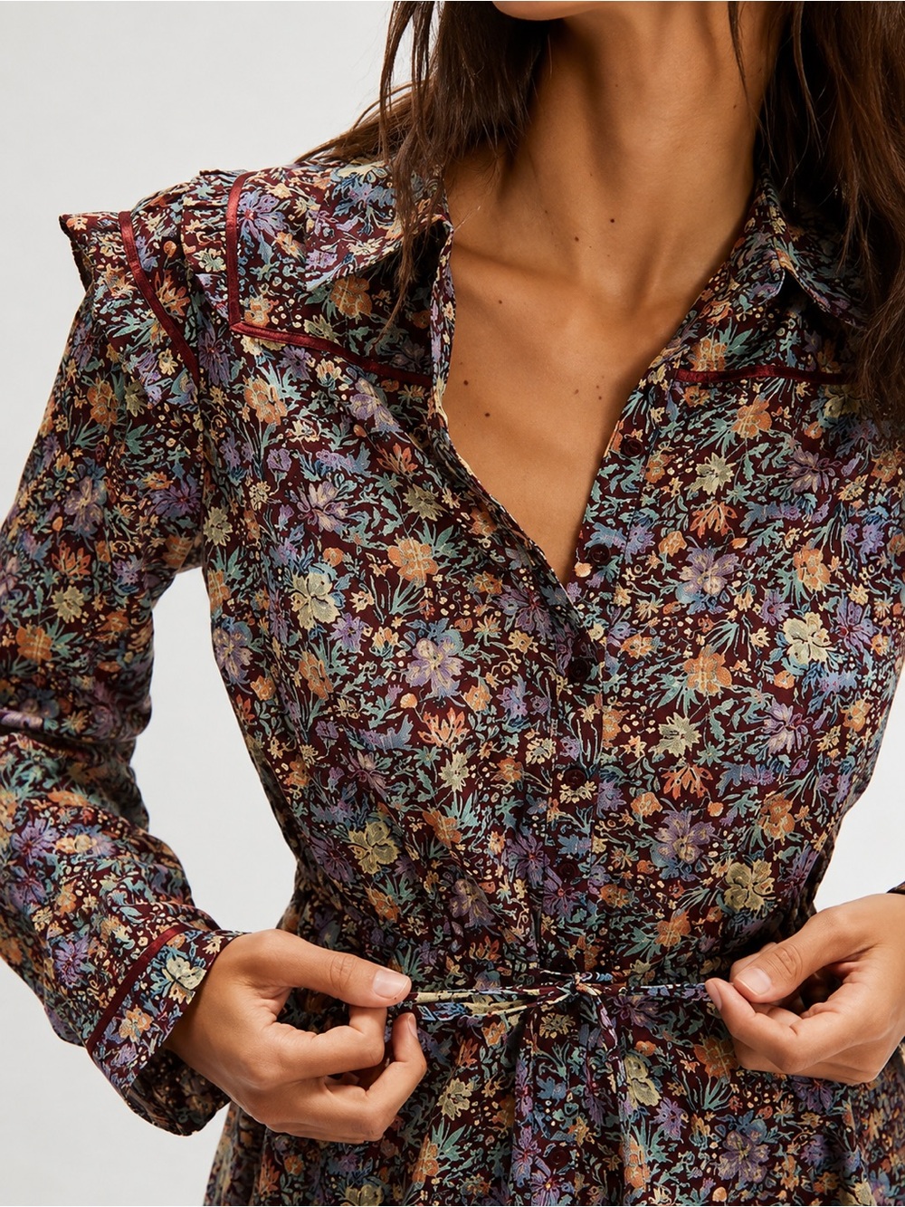 Free People Floral Ruffle Tie Waist Button Front Blouse Top Size L